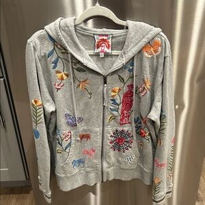 Johnny Was Gray Hoodie with Floral Embroidery
